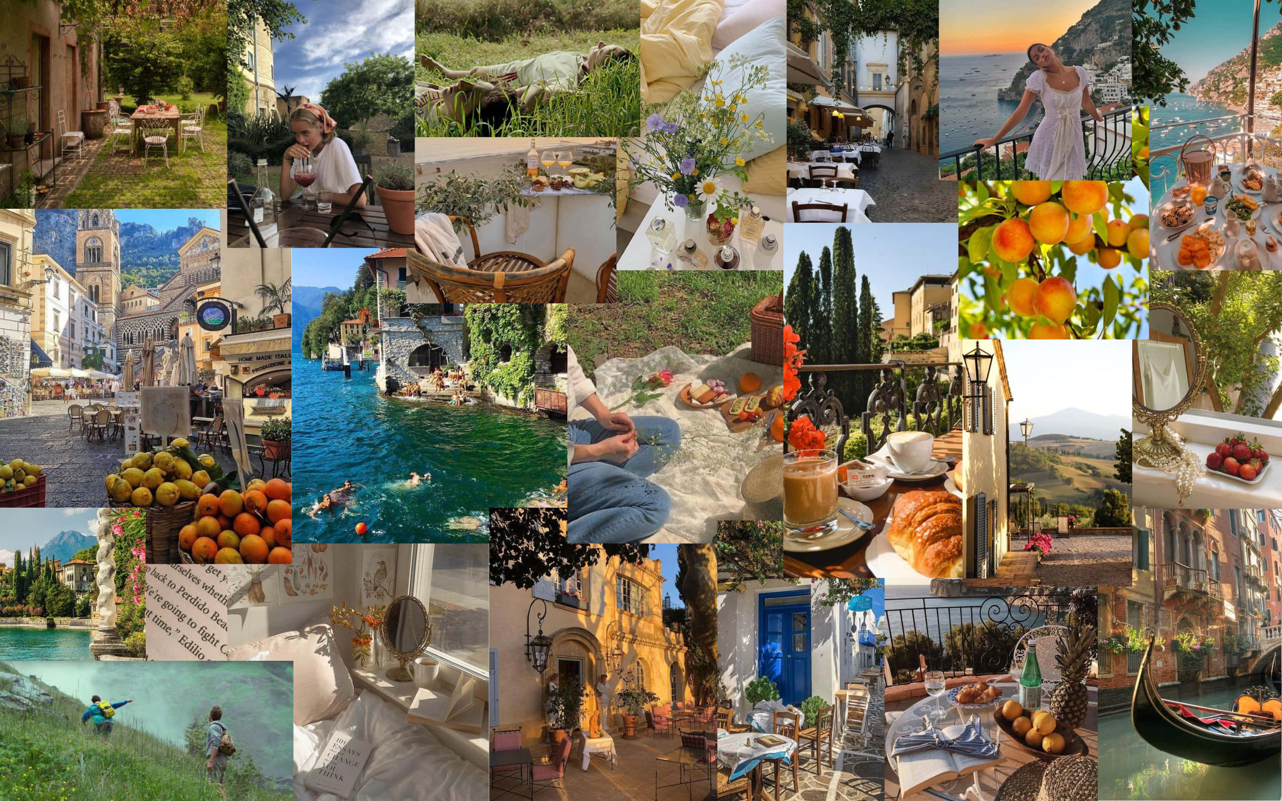Italy Aesthetic 桌布 壁紙 — 一幅充滿活力的義大利海岸生活拼貼畫，展現陽光普照的街道、咖啡館、柑橘園和貢多拉，映襯著湛藍的海水。