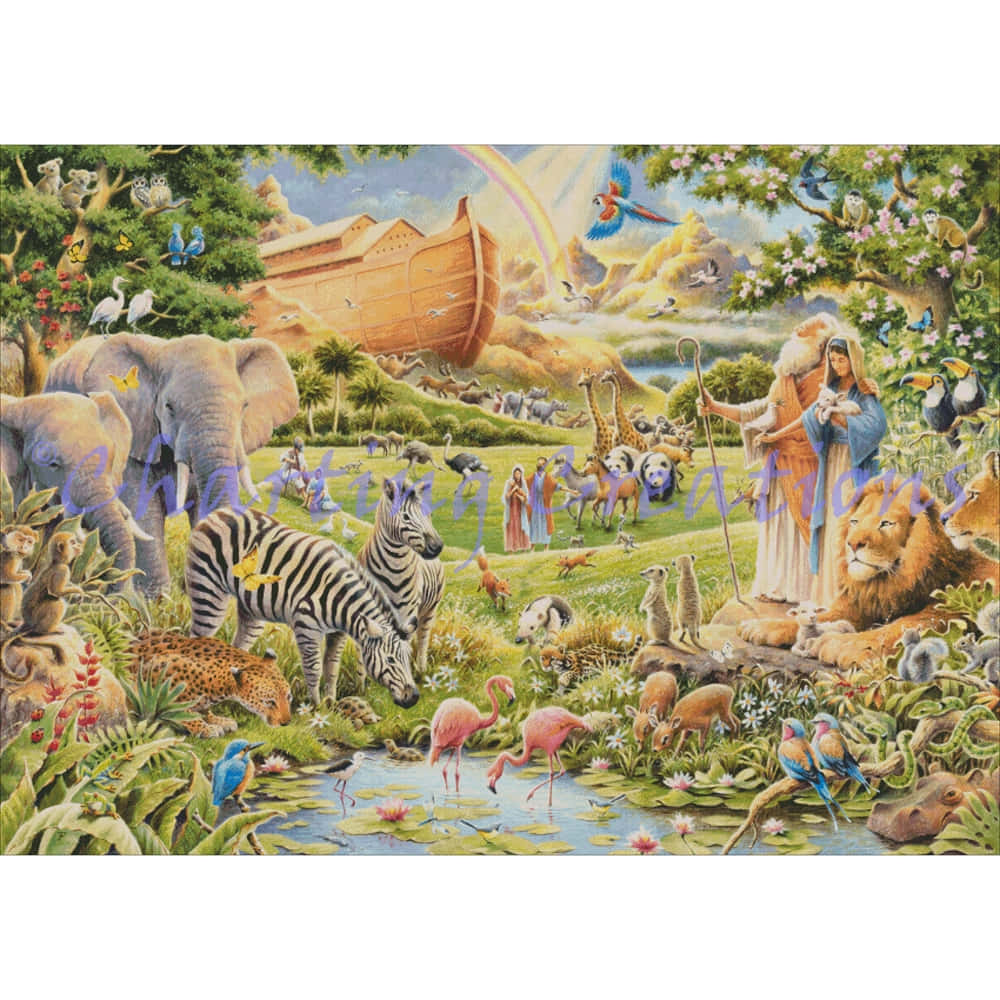 Noah's Ark 桌布 壁紙 — 一幅充滿活力的聖經場景，描繪挪亞和他的家人與動物在洪水過後，和平地聚集在彩虹下的池塘邊。