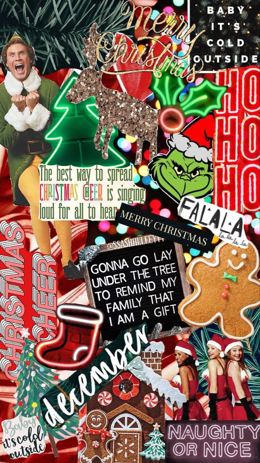 Christmas Elf 桌布 壁紙 — 一幅充滿活力的聖誕角色、語錄和裝飾拼貼畫，包括巴迪小精靈、鬼靈精和薑餅人。