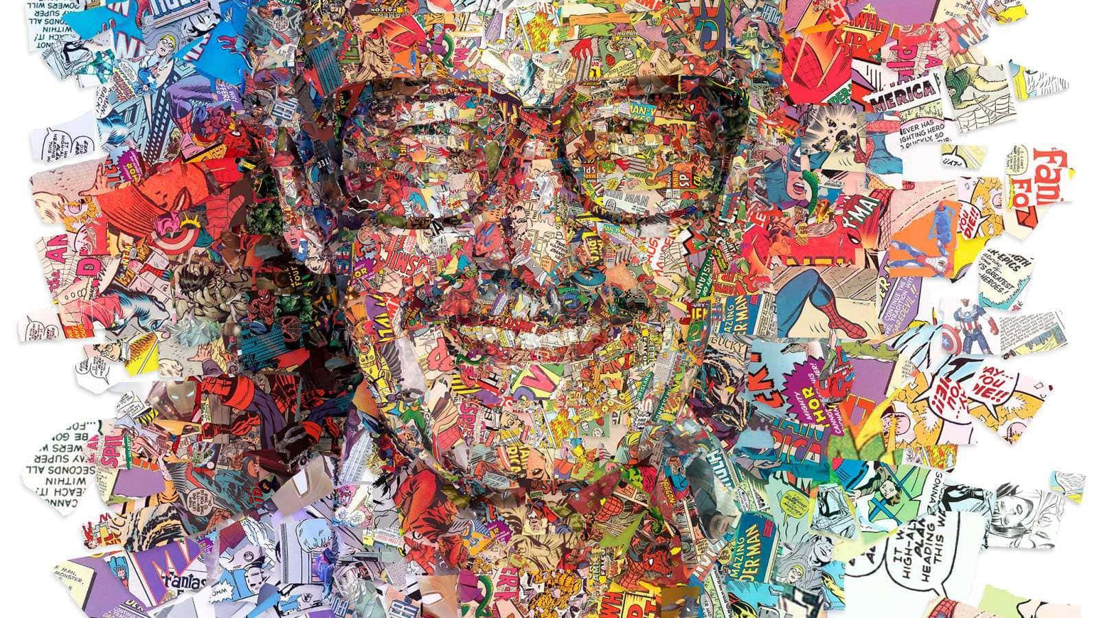 Comics 桌布 壁紙 — 一幅充滿活力的肖像，描繪一位戴眼鏡的微笑男士，精心由色彩繽紛的漫畫面板和文字片段拼貼而成。