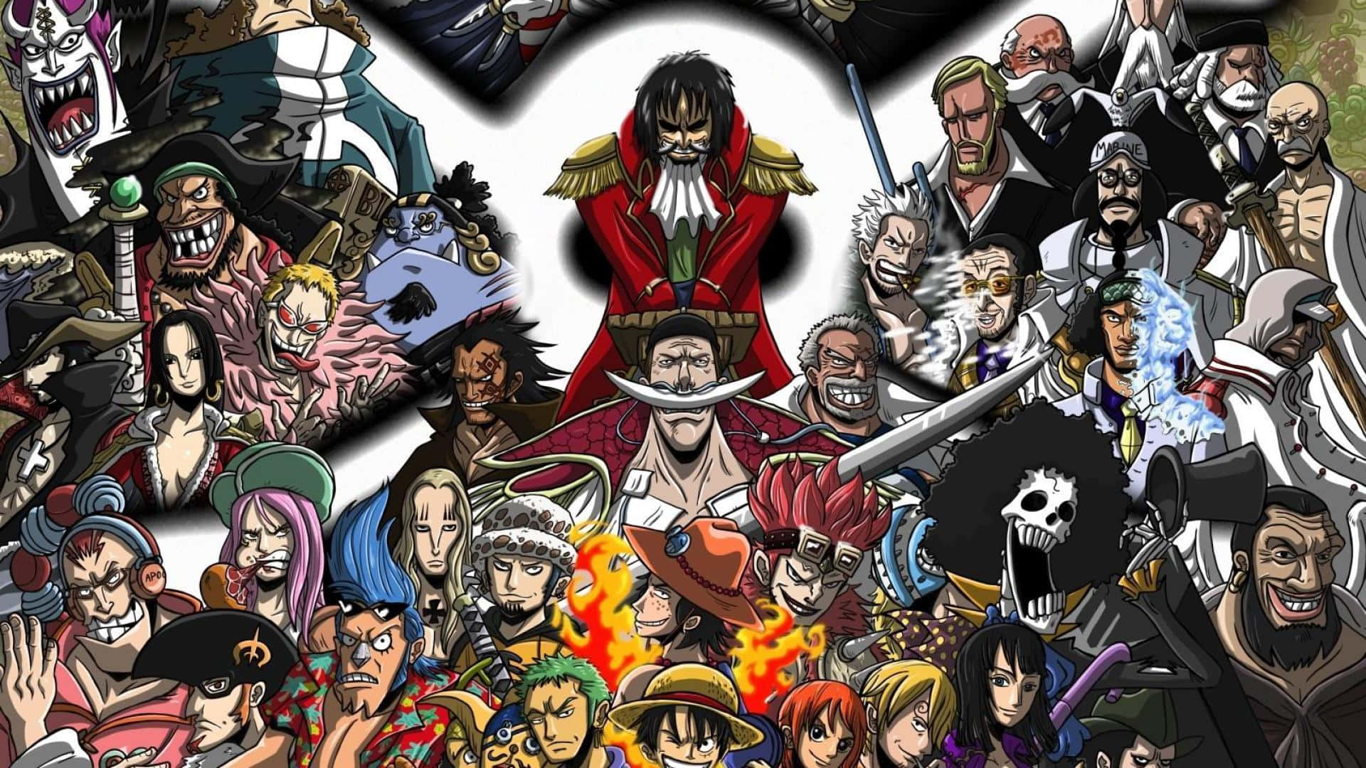 One Piece Cool 桌布 壁紙 — 一幅充滿活力的航海王角色動漫拼貼畫，表情強烈，姿勢動感。
