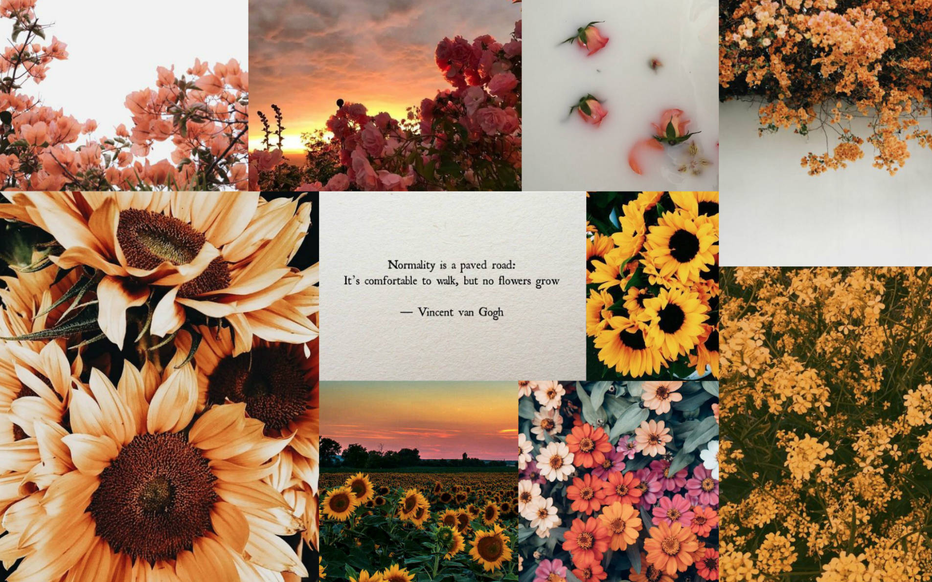 Spring Aesthetic 桌布 壁紙 — 一幅充滿活力的花卉拼貼畫，以向日葵、玫瑰和花朵為特色，在溫暖的日落天空下，並附有梵谷的名言。
