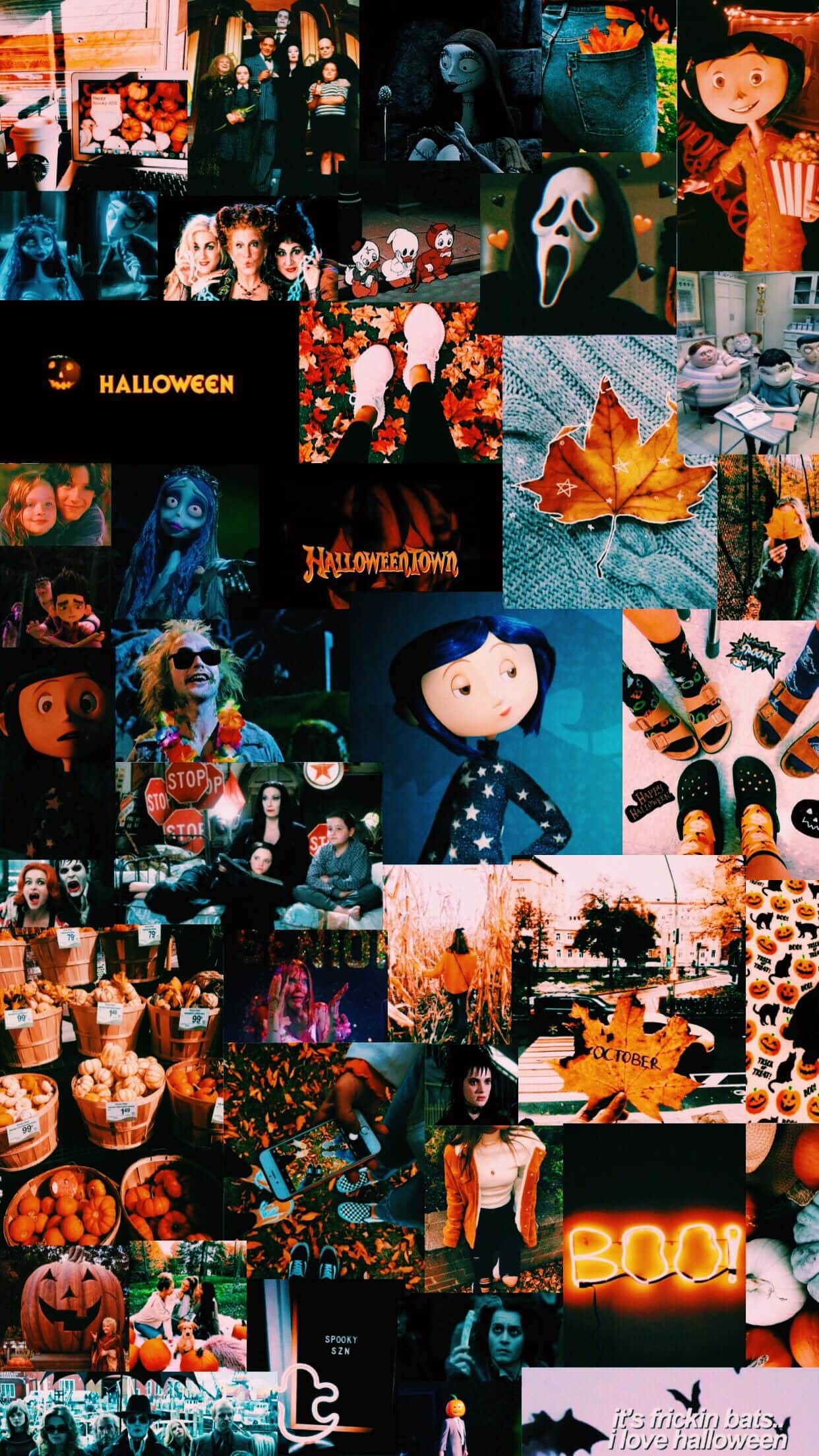 Aesthetic Halloween 桌布 壁紙 — 一幅充滿活力的萬聖節拼貼畫，以溫暖的橙色和深紫色色調呈現恐怖角色、南瓜和秋葉。