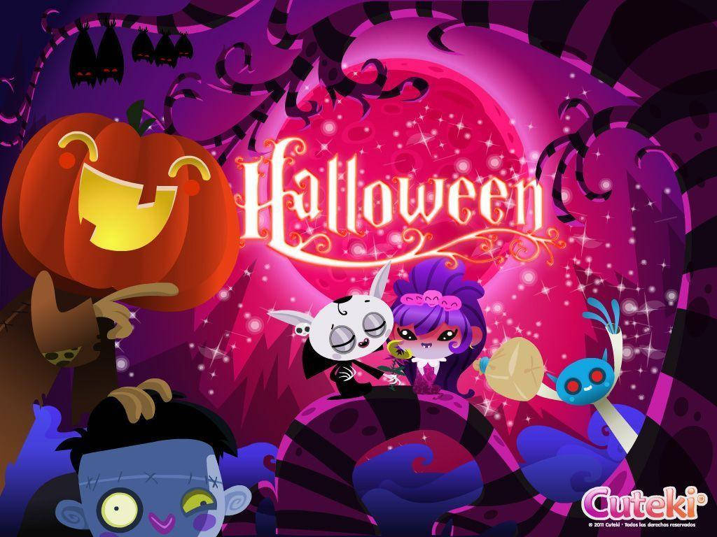 Kawaii Halloween 桌布 壁紙 — 一幅充滿活力的萬聖節插圖， featuring 卡通角色，包括微笑的傑克南瓜燈和吸血鬼女孩，背景是閃爍的紫色。
