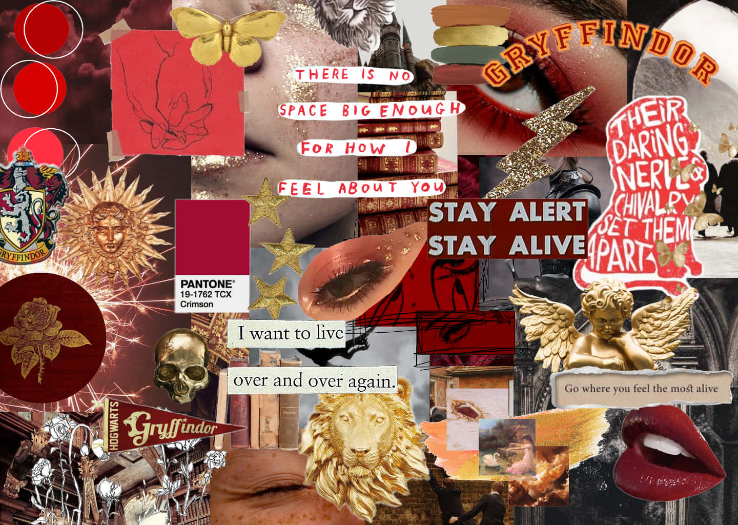 Gryffindor Aesthetic 桌布 壁紙 — 一幅充滿活力的葛萊芬多主題拼貼畫，包含金色獅子、紅色點綴和勵志語錄，疊加在各種紋理和符號上。