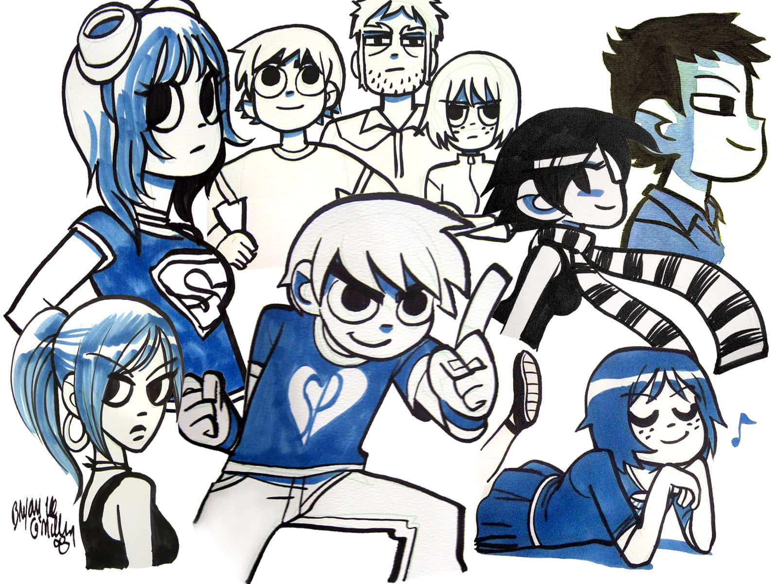 scott pilgrim 桌布 壁紙 — 一幅充滿活力的藍白動漫風格插圖，描繪一群多元角色擺出富有表情的面孔和動態姿勢。