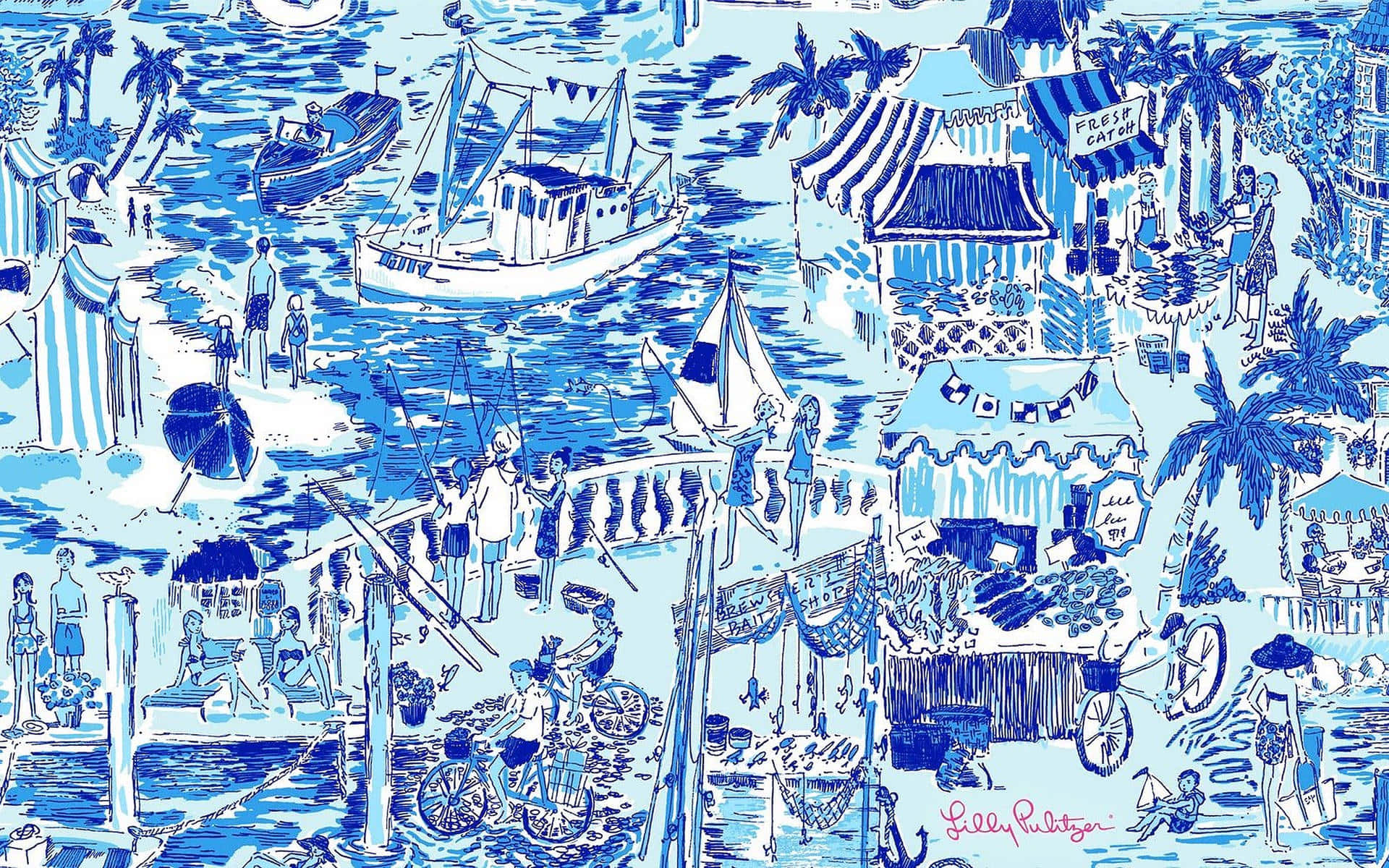 莉莉·普利策 桌布 壁紙 — 一幅充滿活力的藍白插圖海邊場景，有船隻、棕櫚樹和人們在熱鬧的海灘市集享受。