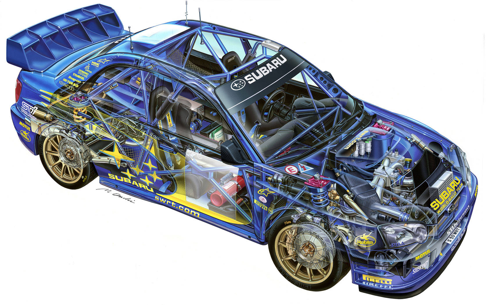Racing 桌布 壁紙 — 一幅充滿活力的藍色 Subaru 拉力賽車剖面插圖，揭示了複雜的引擎、懸掛和內部組件。