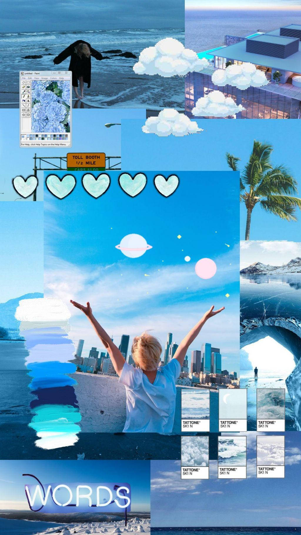 Jimin Aesthetic 桌布 壁紙 — 一幅充滿活力的藍色主題拼貼畫，包括一個舉起雙臂的人、海洋景觀、雲朵和數位設計元素。