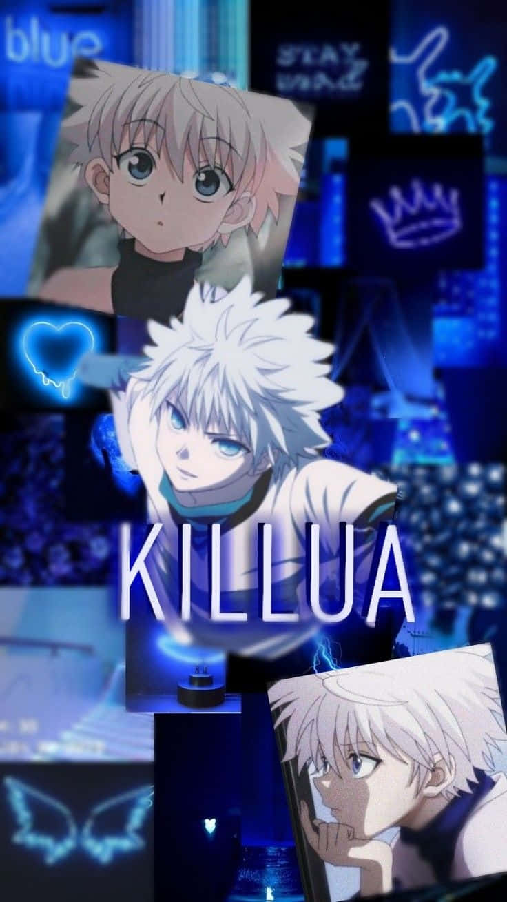 Killua Cute 桌布 壁紙 — 一幅充滿活力的藍色動漫拼貼畫，包含多幅奇犽·揍敵客的肖像，帶有發光的霓虹元素和文字疊加。