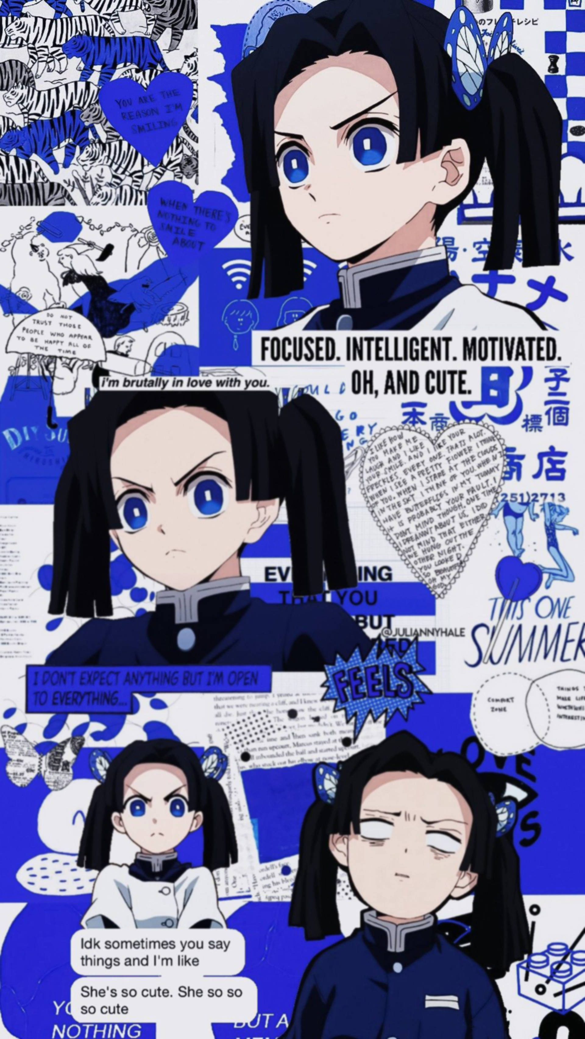 aoi kanzaki 桌布 壁紙 — 一幅充滿活力的藍色動漫拼貼畫，包含多個表情豐富的肖像，描繪一位紮著雙馬尾、擁有深邃藍眼睛的女孩，周圍環繞著漫畫風格的對話框和塗鴉。