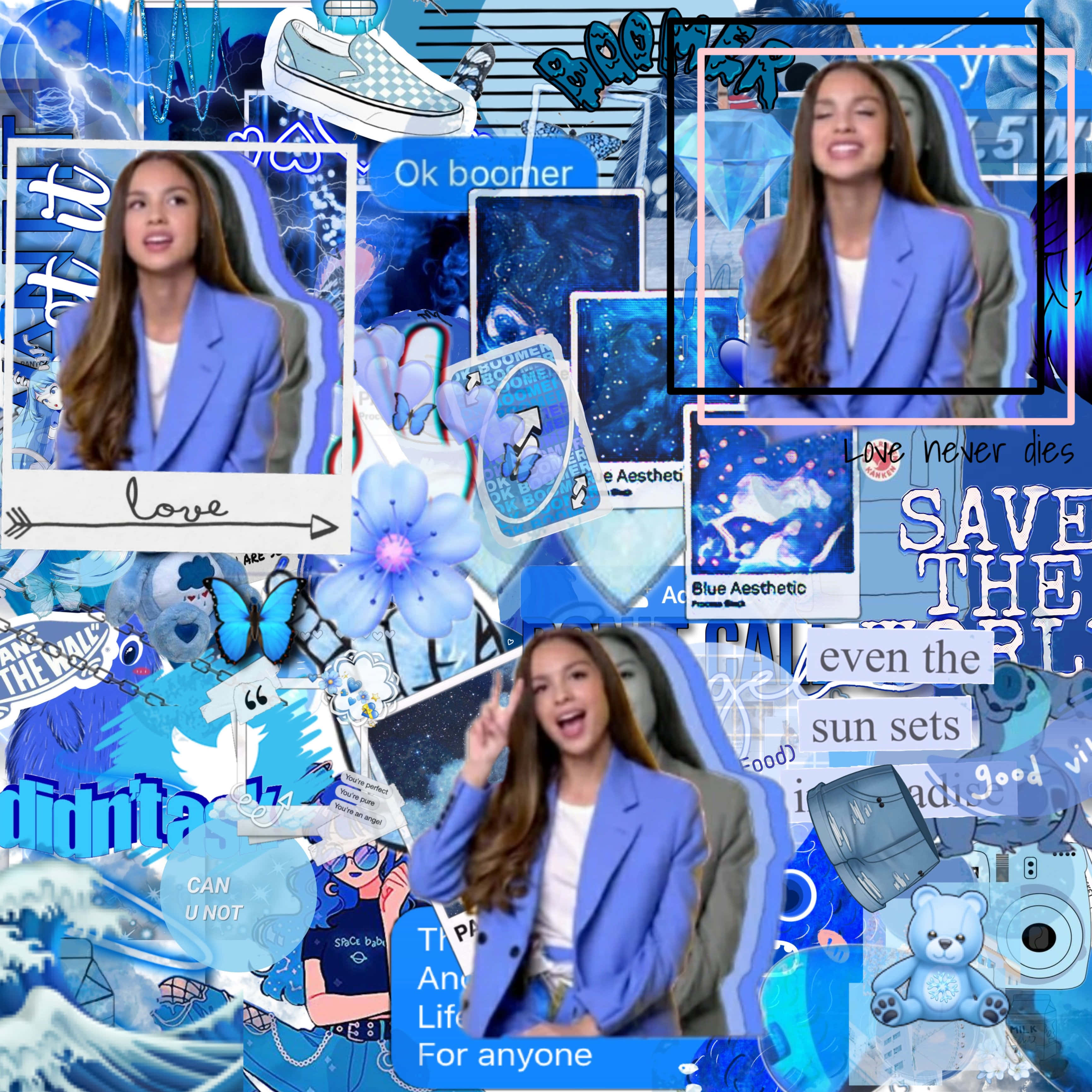Olivia Rodrigo Aesthetic 桌布 壁紙 — 一幅充滿活力的藍色數位拼貼畫，描繪一位穿著西裝外套的年輕女性，周圍環繞著流行文化語錄、花朵和故障效果。