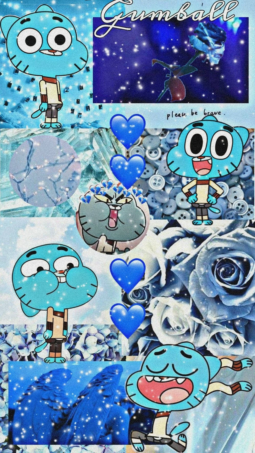 Gumball Aesthetic 桌布 壁紙 — 一幅充滿活力的藍色調拼貼畫， featuring 動畫角色 Gumball 在花卉和宇宙背景中以各種富有表現力的姿勢出現。