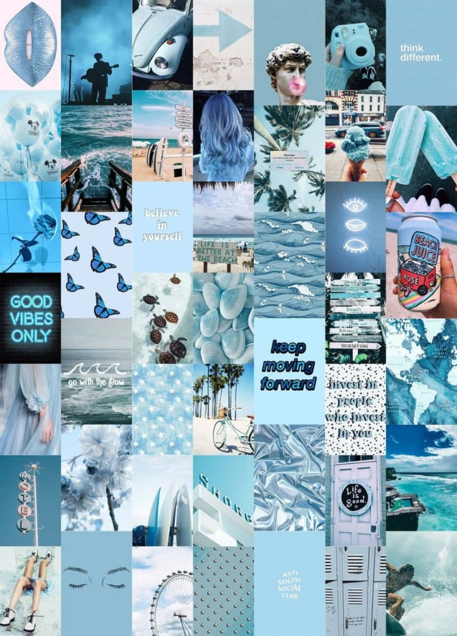 Aesthetic Blue Collage 桌布 壁紙 — 一幅充滿活力的藍色調拼貼畫，包含海洋波浪、衝浪板、復古汽車和勵志名言，以網格圖案排列。