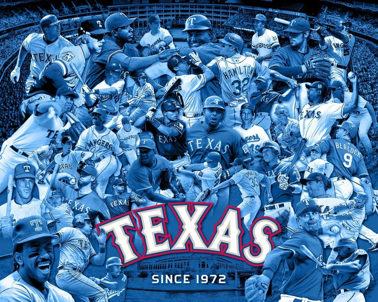 Texas Rangers 桌布 壁紙 — 一幅充滿活力的藍色調拼貼畫，展示德州遊騎兵棒球隊球員的動作姿勢和制服，慶祝球隊自1972年以來的歷史。