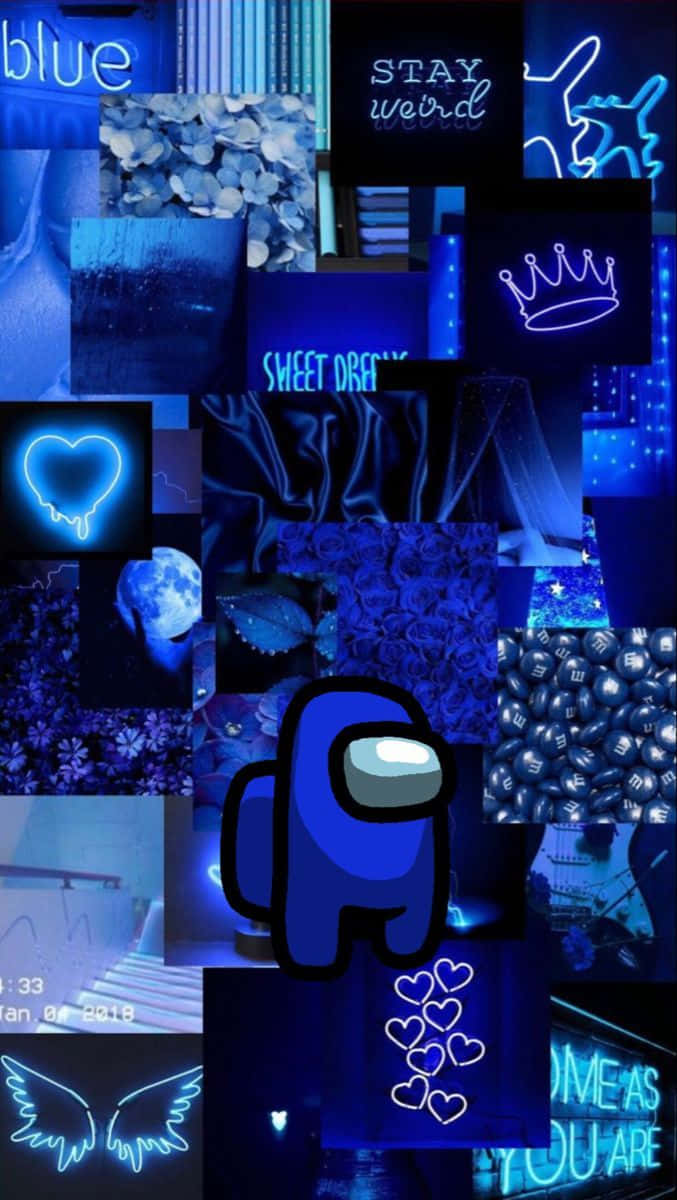 Among US Blue 桌布 壁紙 — 一幅充滿活力的藍色霓虹拼貼畫， featuring Among Us 角色、發光的心形、皇冠，以及「STAY weird」和「SWEET DREAMS」等文字短語。