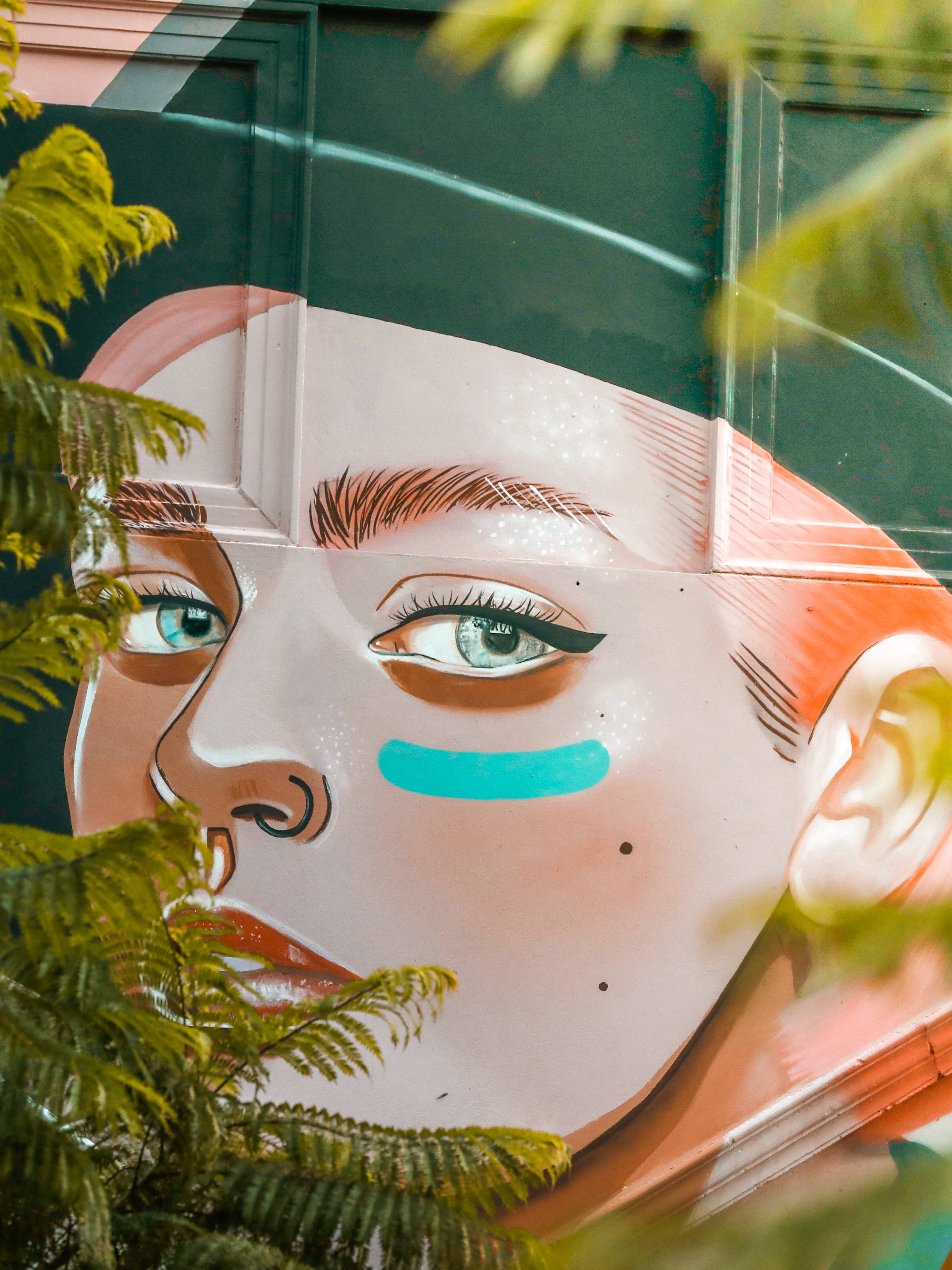 塗鴉 桌布 壁紙 — 一幅充滿活力的街頭壁畫，描繪一位女性的臉龐，帶有藍綠色眼妝和紅唇，周圍環繞著茂密的綠色蕨類植物。