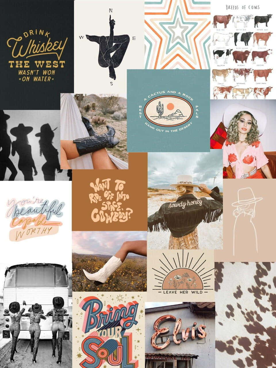 Country Aesthetic 桌布 壁紙 — 一幅充滿活力的西部主題拼貼畫，包括女牛仔靴、沙漠景觀、牛仔帽和霓虹燈標誌。