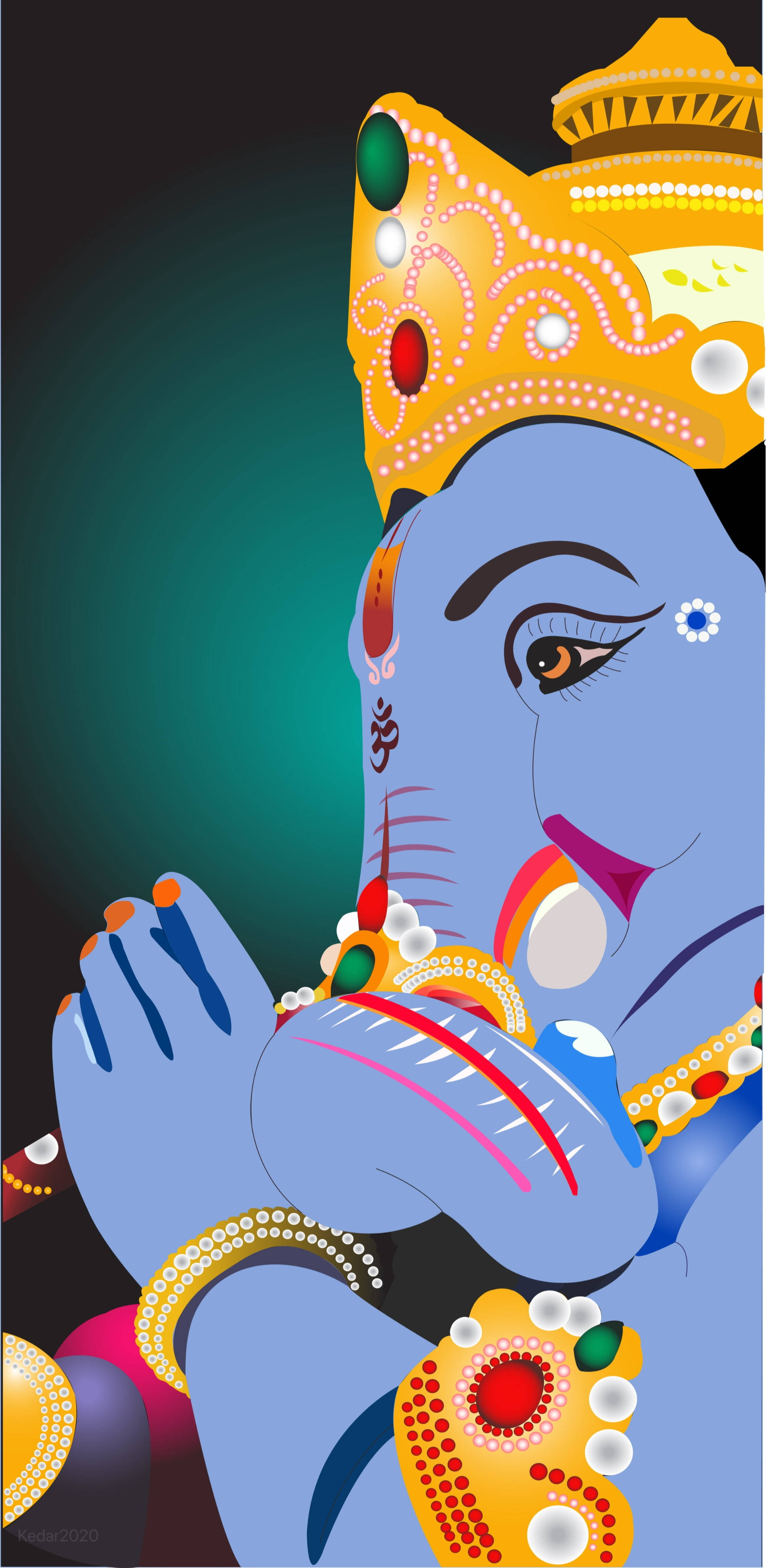 Ganesh 桌布 壁紙 — 一幅充滿活力的象頭神像插圖，藍色皮膚、金色皇冠和華麗珠寶，背景為深藍綠色漸變。