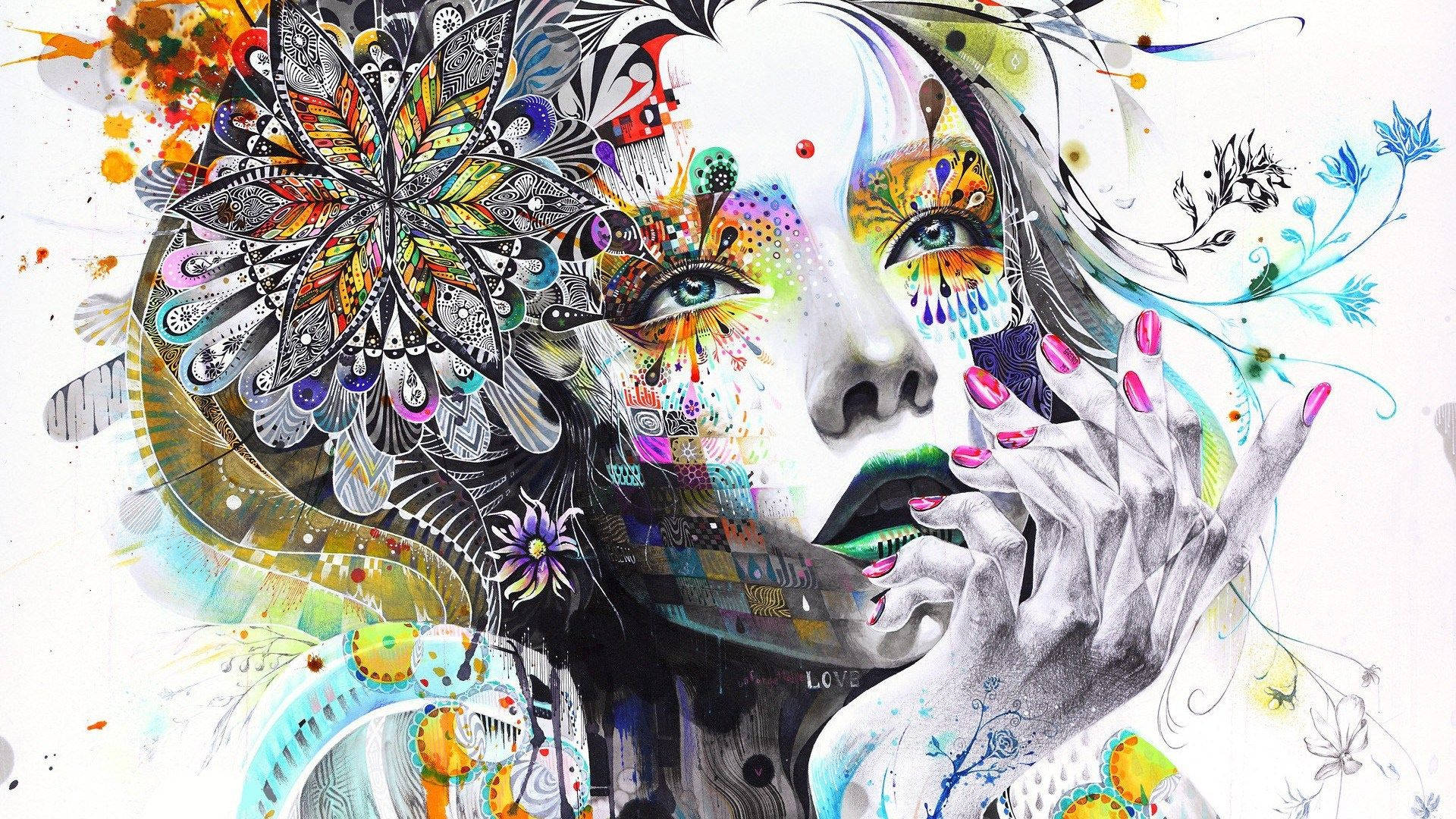藝術 桌布 壁紙 — 一幅充滿活力的超現實女性肖像，複雜的花卉和幾何圖案從她的臉部和頭髮中迸發出來。