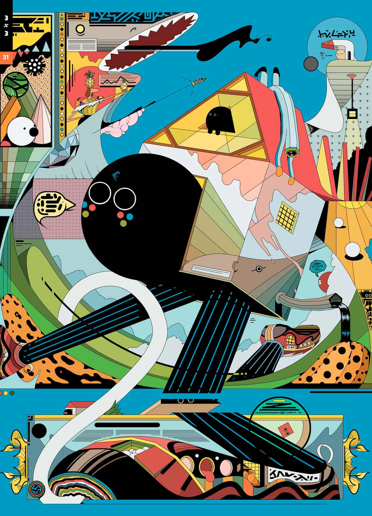 Illustration 桌布 壁紙 — 一幅充滿活力的超現實拼貼畫，以明亮的藍色背景襯托幾何形狀和卡通生物。