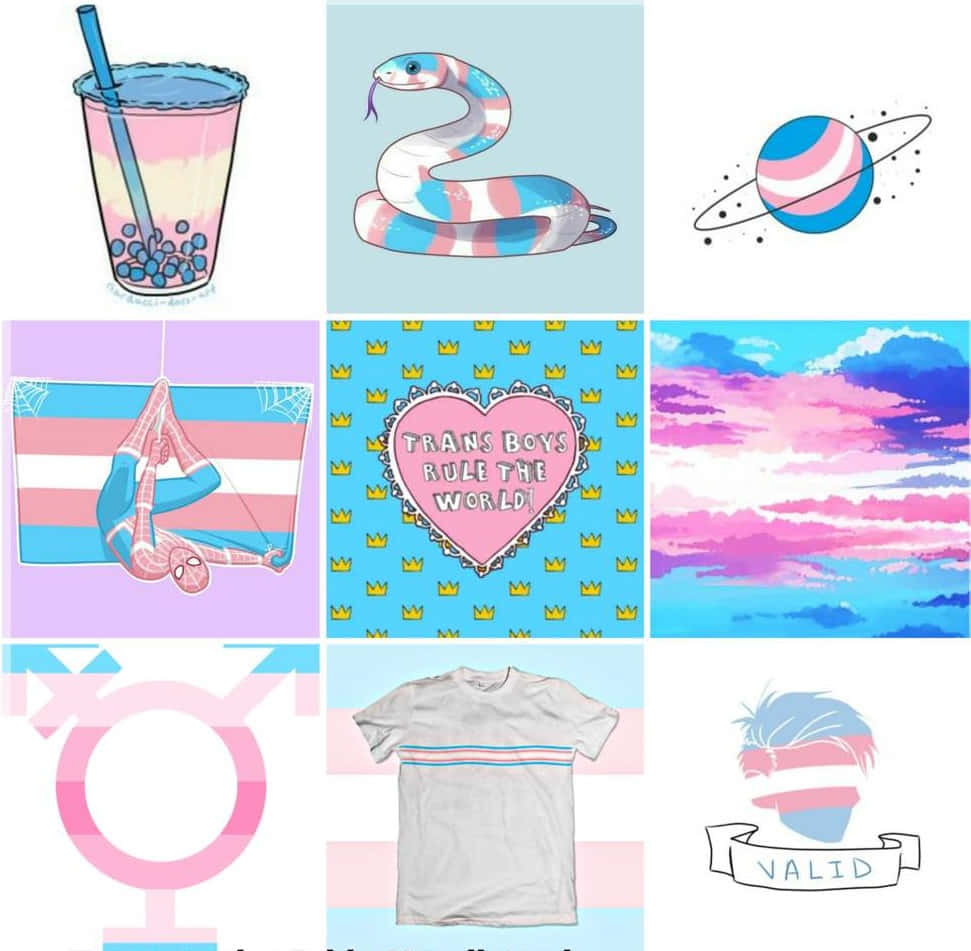 transgender 桌布 壁紙 — 一幅充滿活力的跨性別驕傲主題插圖拼貼，包括泡泡茶飲料、蛇、行星、蜘蛛人旗幟、愛心襯衫和性別符號。