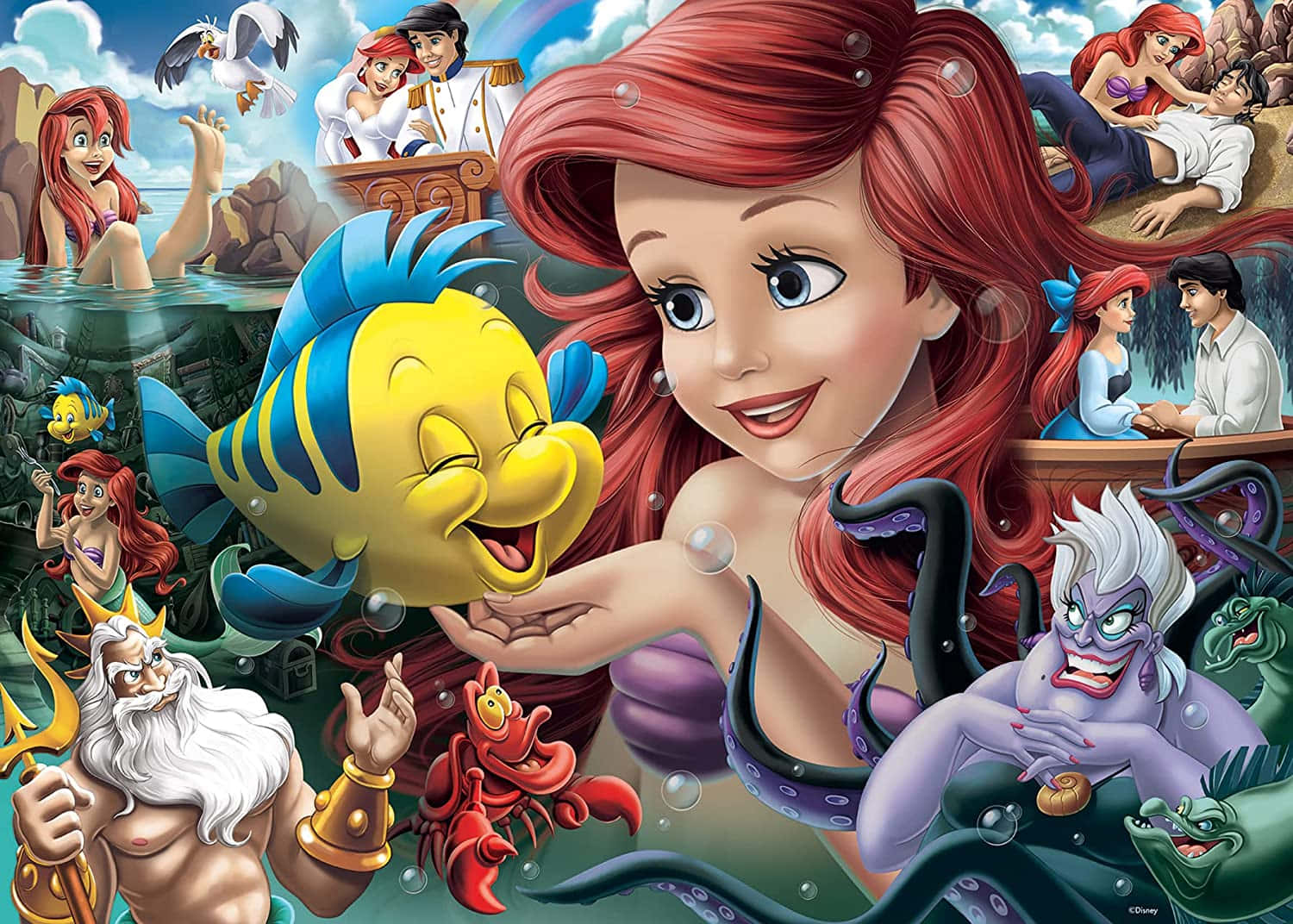 The Little Mermaid 桌布 壁紙 — 一幅充滿活力的迪士尼拼貼畫，以艾莉兒和小比目魚為中心，周圍環繞著《小美人魚》中的關鍵角色，場景包括海底和陸地。