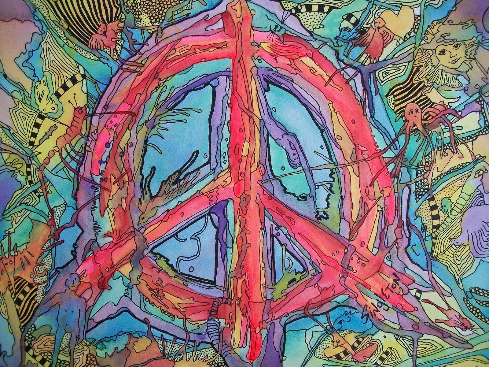 Peace Symbol 桌布 壁紙 — 一幅充滿活力的迷幻插圖，中央有一個和平符號，周圍環繞著抽象圖案和奇異生物，色彩大膽。