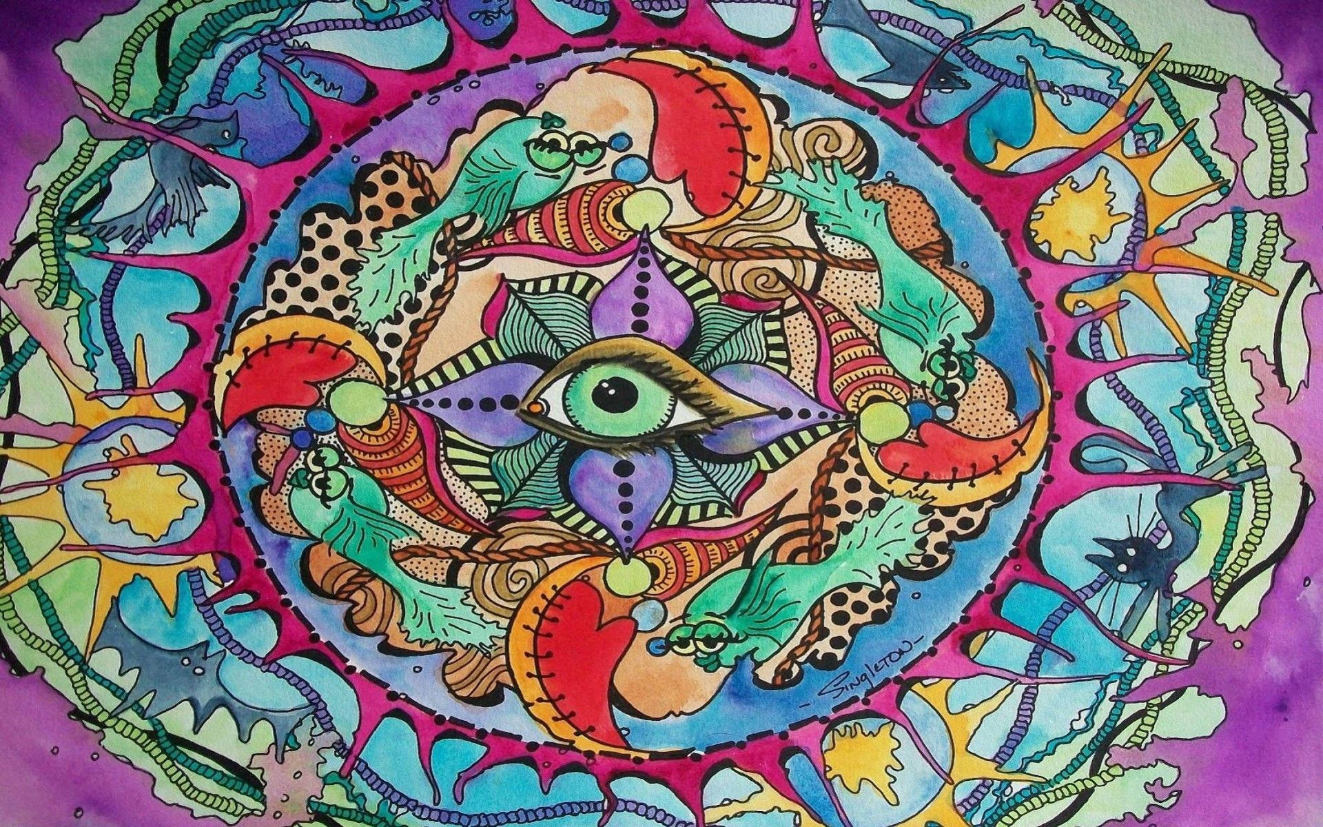 嬉皮 桌布 壁紙 — 一幅充滿活力的迷幻插圖，中央有一隻眼睛，周圍環繞著漩渦狀的有機圖案和色彩繽紛的抽象形狀。