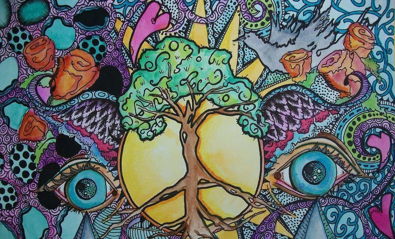 嬉皮 桌布 壁紙 — 一幅充滿活力的迷幻插圖，以生命之樹為特色，樹根為和平符號，周圍環繞著大眼睛和玫瑰，呈現漩渦圖案。