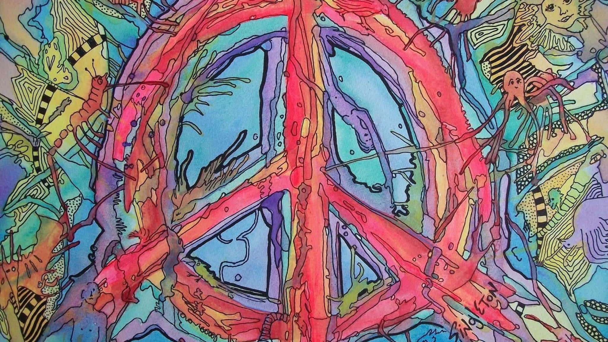 嬉皮 桌布 壁紙 — 一幅充滿活力的迷幻插圖，展示了一個大型紅色和平標誌，周圍環繞著漩渦圖案和色彩鮮豔的抽象生物。