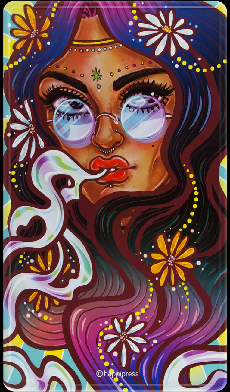 桌布 壁紙 — 一幅充滿活力的迷幻插圖，描繪一位擁有飄逸紫色頭髮、戴著眼鏡並裝飾著雛菊的女性，正在呼出煙霧。
