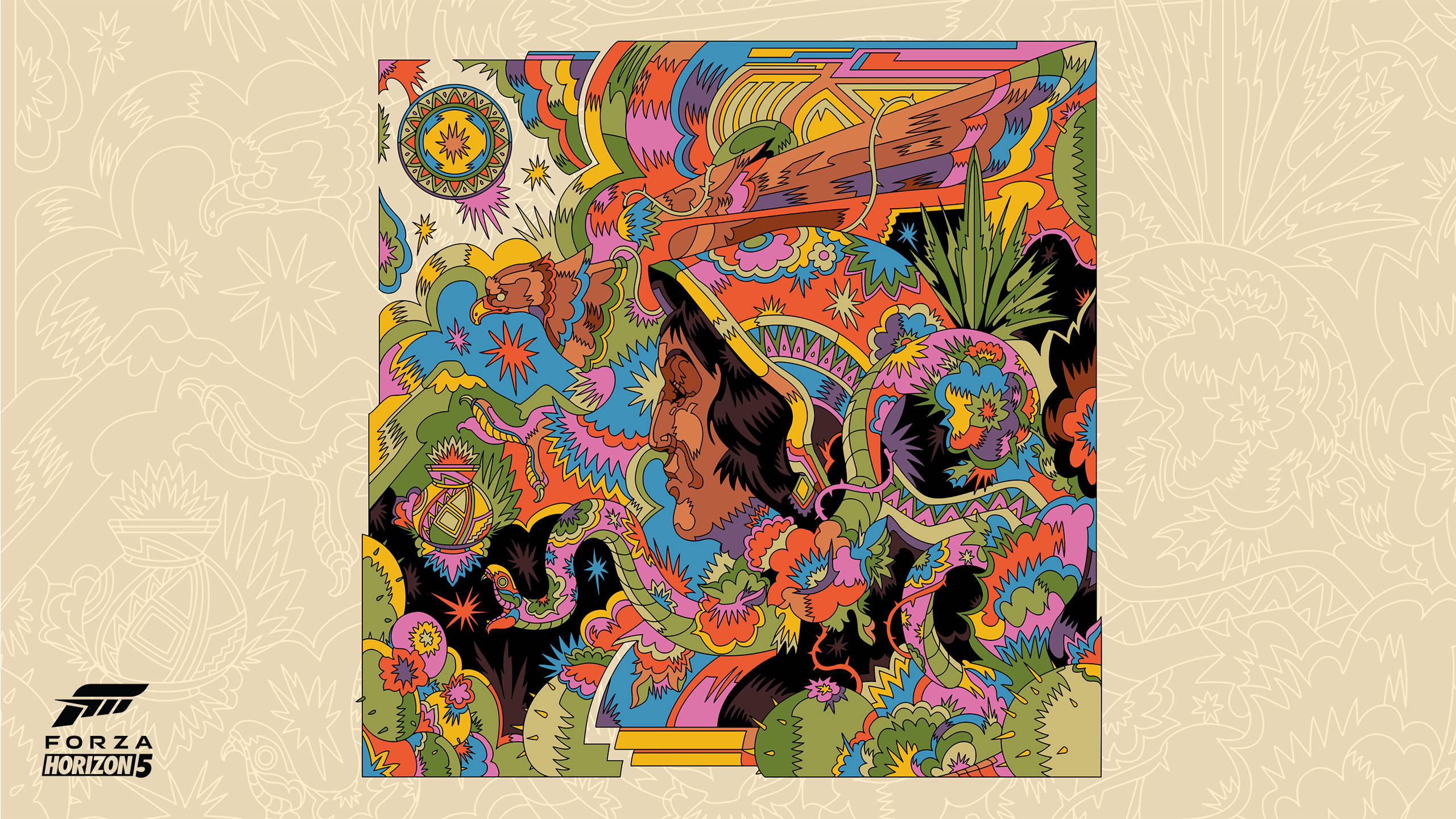 Horizon 桌布 壁紙 — 一幅充滿活力的迷幻插圖，描繪一個人被旋轉的彩色圖案和仙人掌環繞，並以裝飾邊框框起。