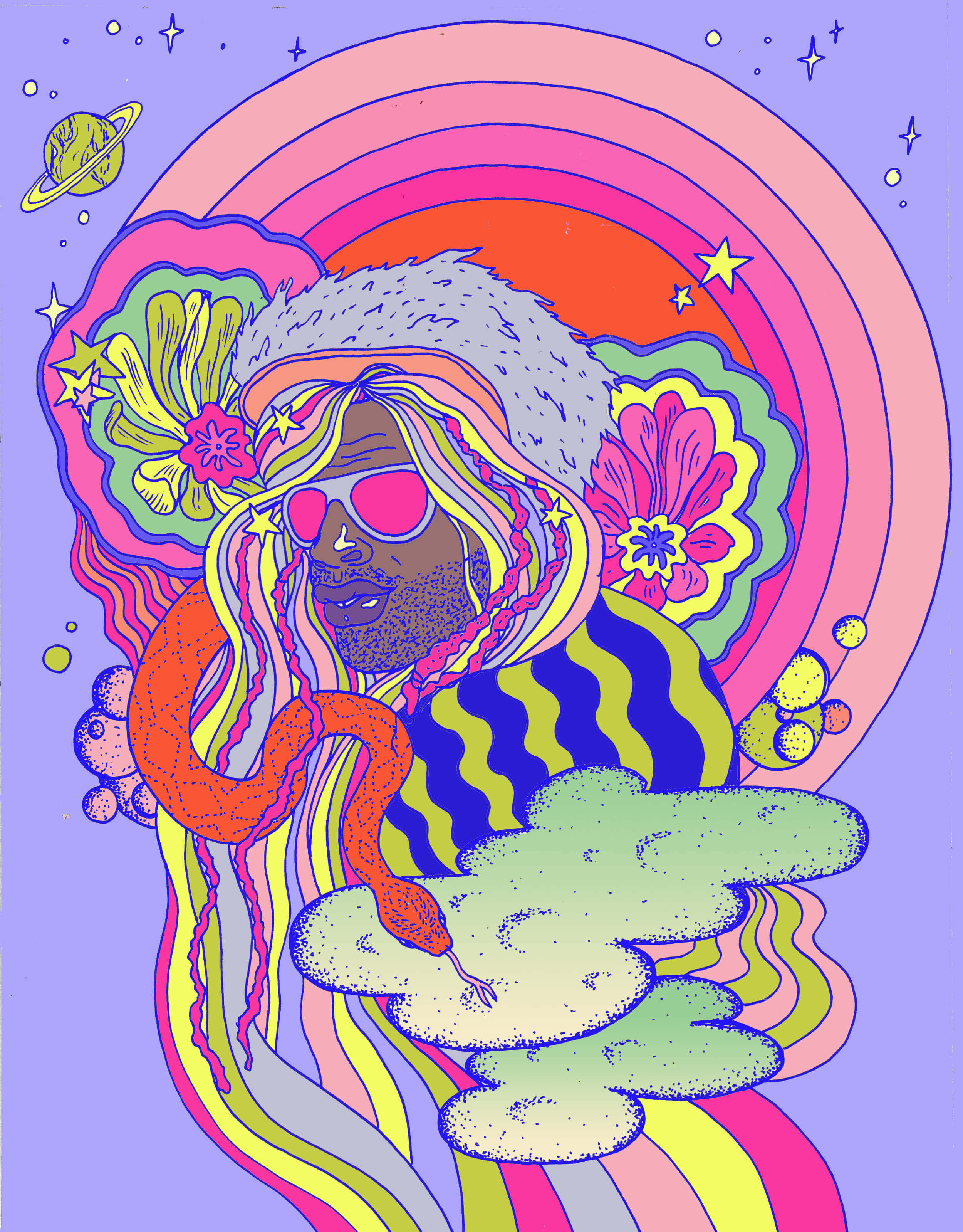 音樂 桌布 壁紙 — 一幅充滿活力的迷幻插圖，描繪一個擁有彩虹頭髮和太陽眼鏡的人，周圍環繞著花朵、行星和彩虹。