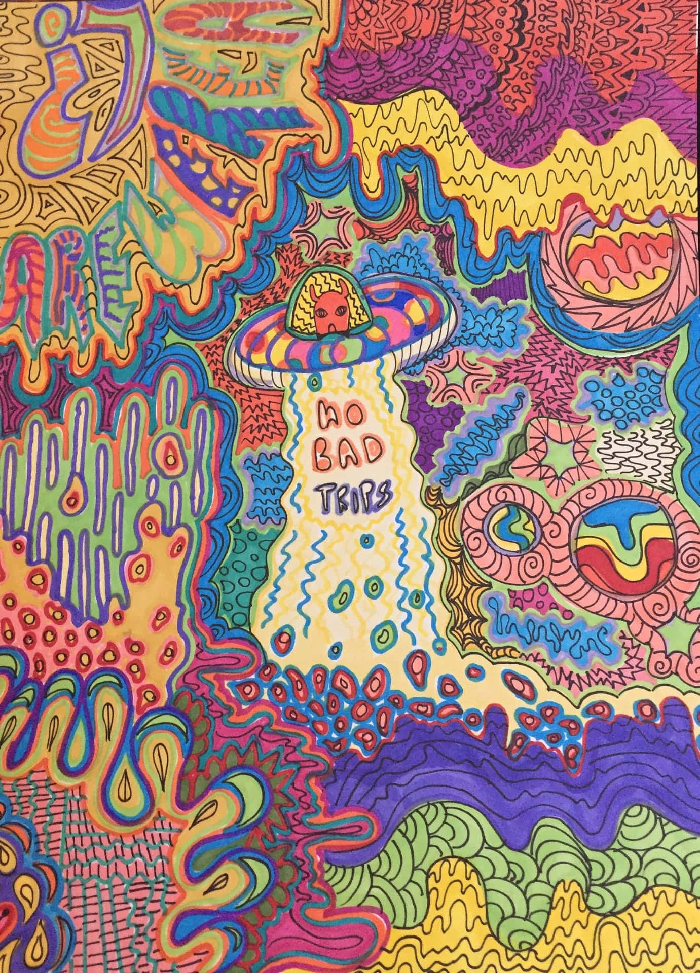 獨立 桌布 壁紙 — 一幅充滿活力的迷幻插圖，描繪一個帶有「no bad trips」文字的UFO降落在色彩繽紛的抽象景觀中。