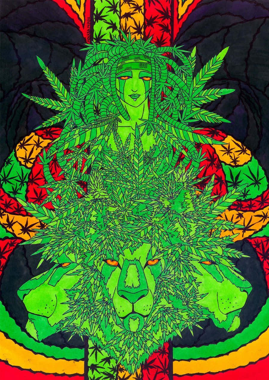 Psychedelic Weed 桌布 壁紙 — 一幅充滿活力的迷幻插圖，描繪了一個綠色獅頭人物和一個戴著大麻葉冠冕的女人，背景是彩虹圖案。