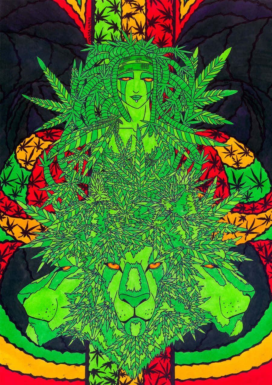 藝術 桌布 壁紙 — 一幅充滿活力的迷幻插圖，描繪了一個綠色獅頭人物和一位頭戴大麻葉冠冕的女性，背景為三色。