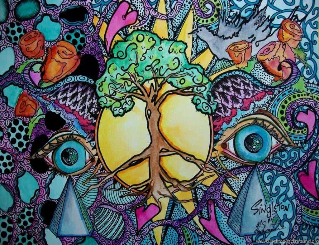 桌布 壁紙 — 一幅充滿活力的迷幻藝術作品，描繪了帶有和平符號根部的生命之樹，周圍環繞著眼睛、玫瑰和漩渦圖案。