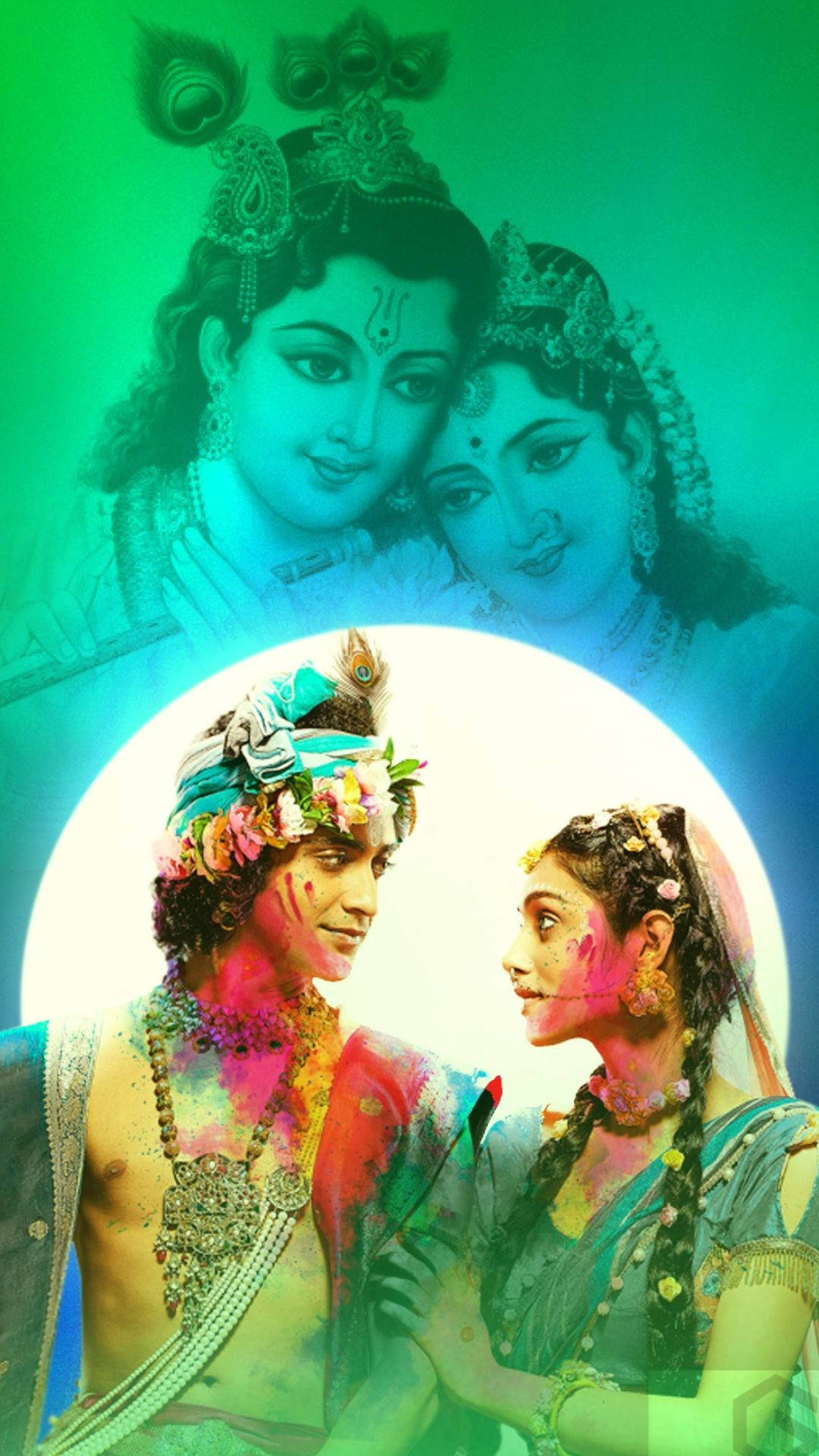 radha krishna serial 桌布 壁紙 — 一幅充滿活力的雙聯畫，描繪身穿傳統印度服飾的神聖人物，在發光的綠色漸變背景上灑滿彩色粉末。