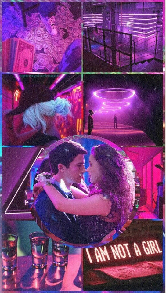 Katherine Langford 桌布 壁紙 — 一幅充滿活力的霓虹燈場景拼貼畫，描繪了一對擁抱的情侶、金錢圖案以及沐浴在紫色和粉紅色光芒中的未來主義走廊。