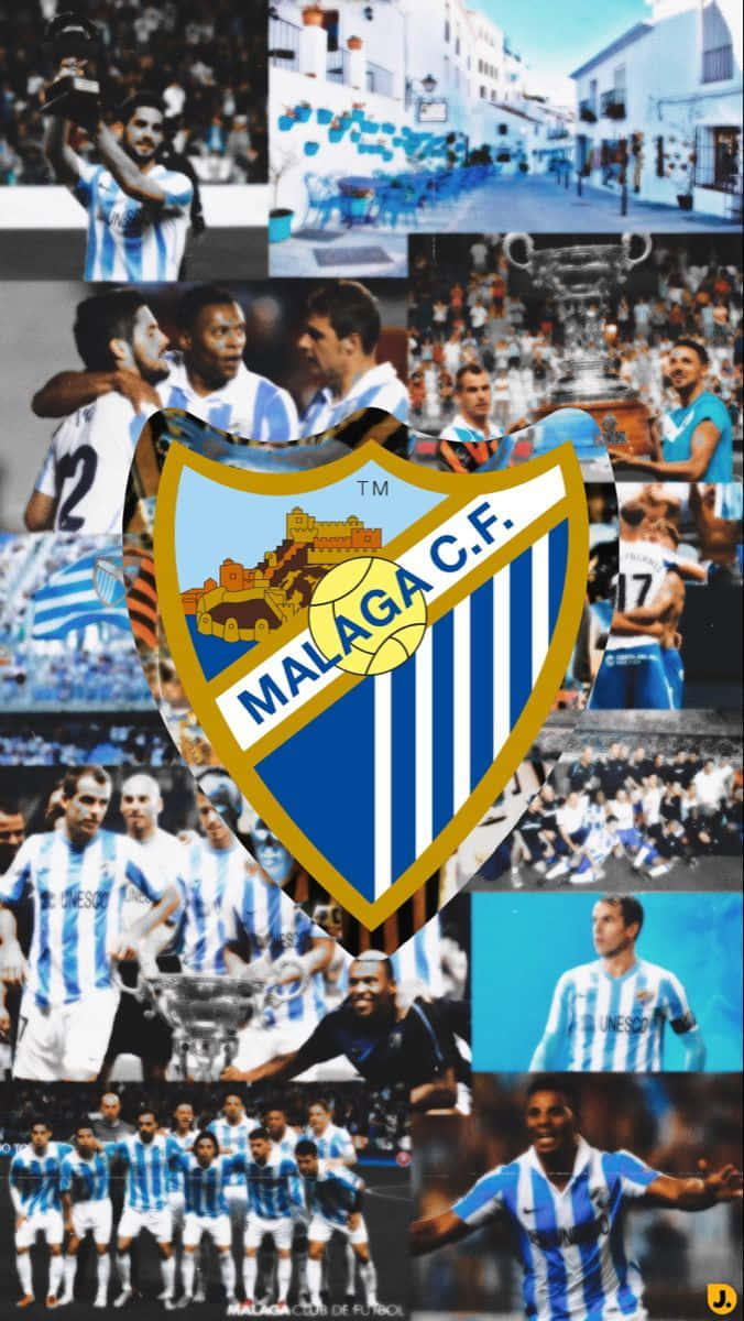 wallapers of the best team in andalucia 壁紙 — 一幅充滿活力的馬拉加C.F.足球時刻拼貼畫，展示球員穿著藍白間條球衣慶祝獎盃和比賽。