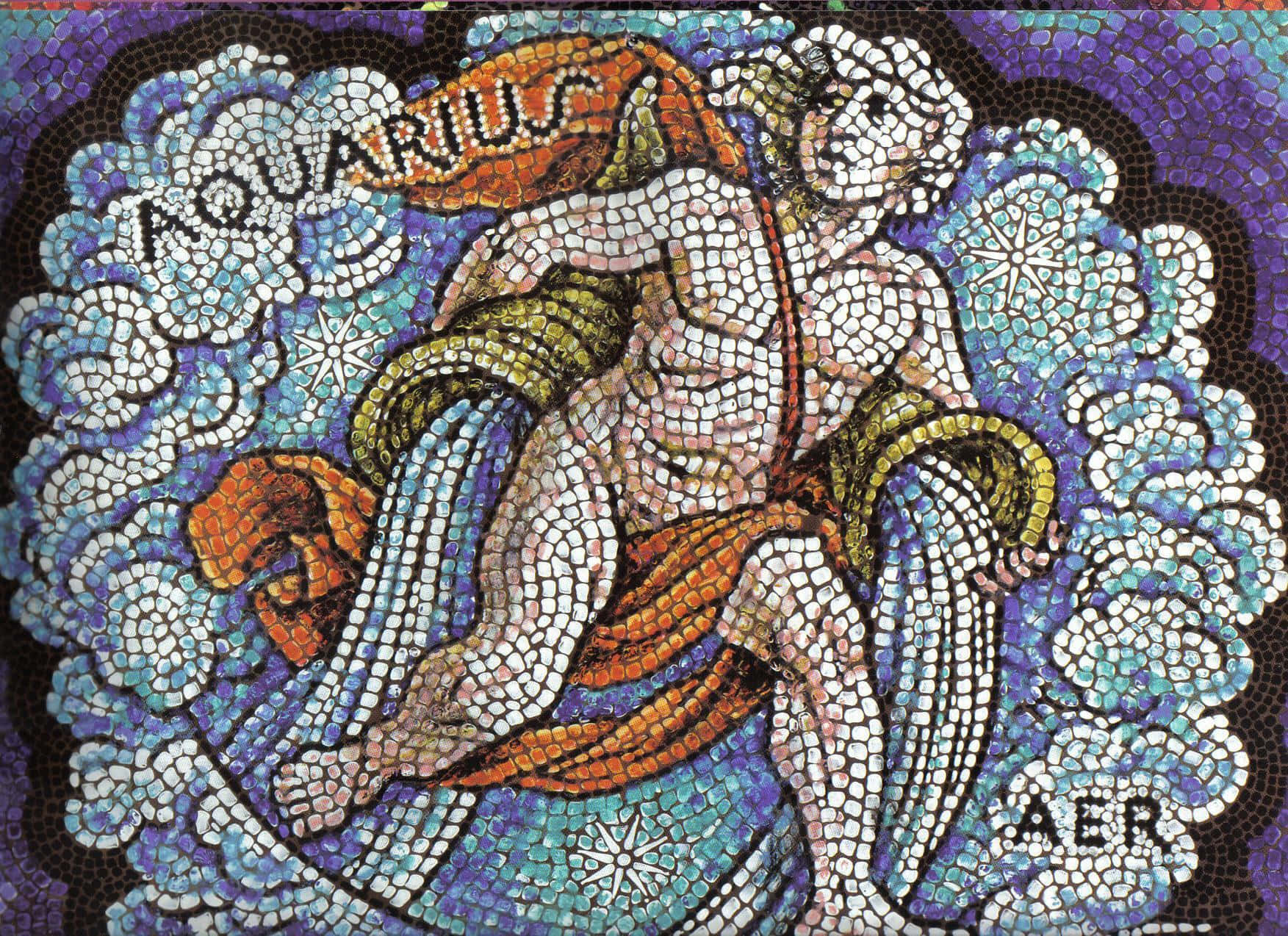 aquarius 桌布 壁紙 — 一幅充滿活力的馬賽克描繪了水瓶座在旋轉的藍色雲朵和星星中從水壺倒水的場景。