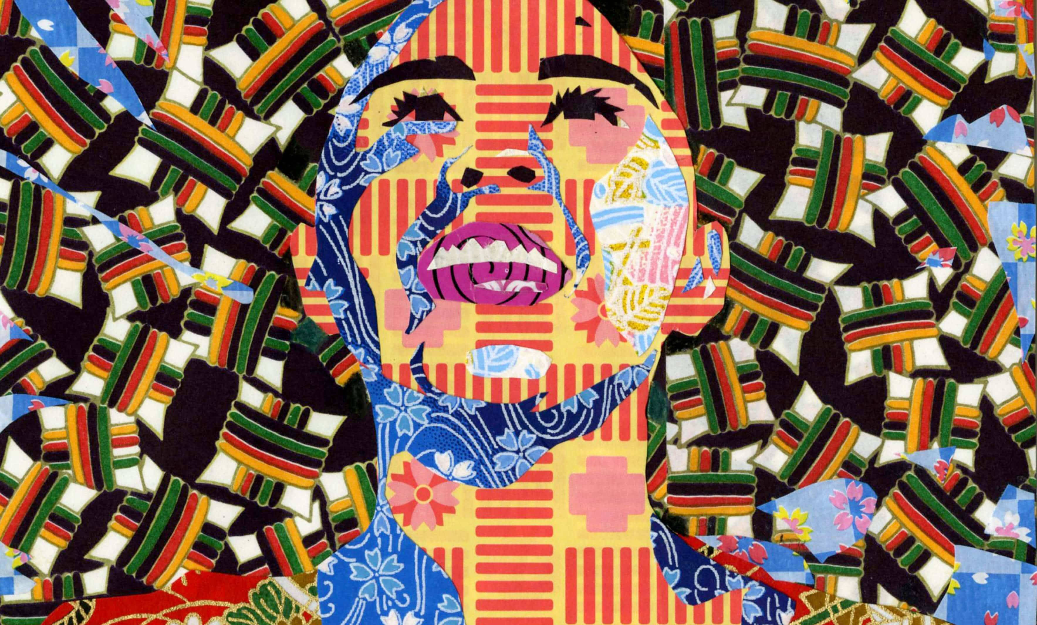 拼貼 桌布 壁紙 — 一幅充滿活力的馬賽克肖像，描繪一個張開嘴巴、眼神富有表現力的人，由色彩繽紛的圖案瓷磚組成，背景混亂。
