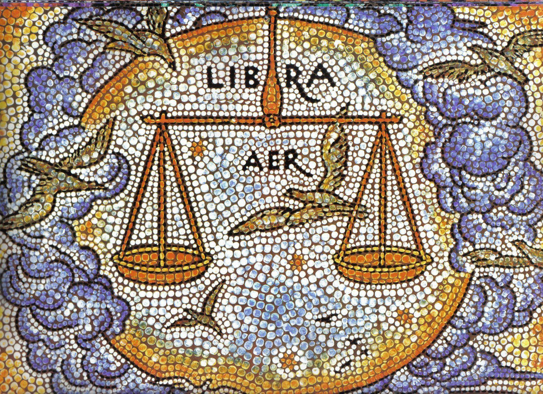 zodiac 桌布 壁紙 — 一幅充滿活力的馬賽克藝術作品，描繪天秤座星座符號，平衡的天秤周圍有飛鳥和旋轉的雲朵。
