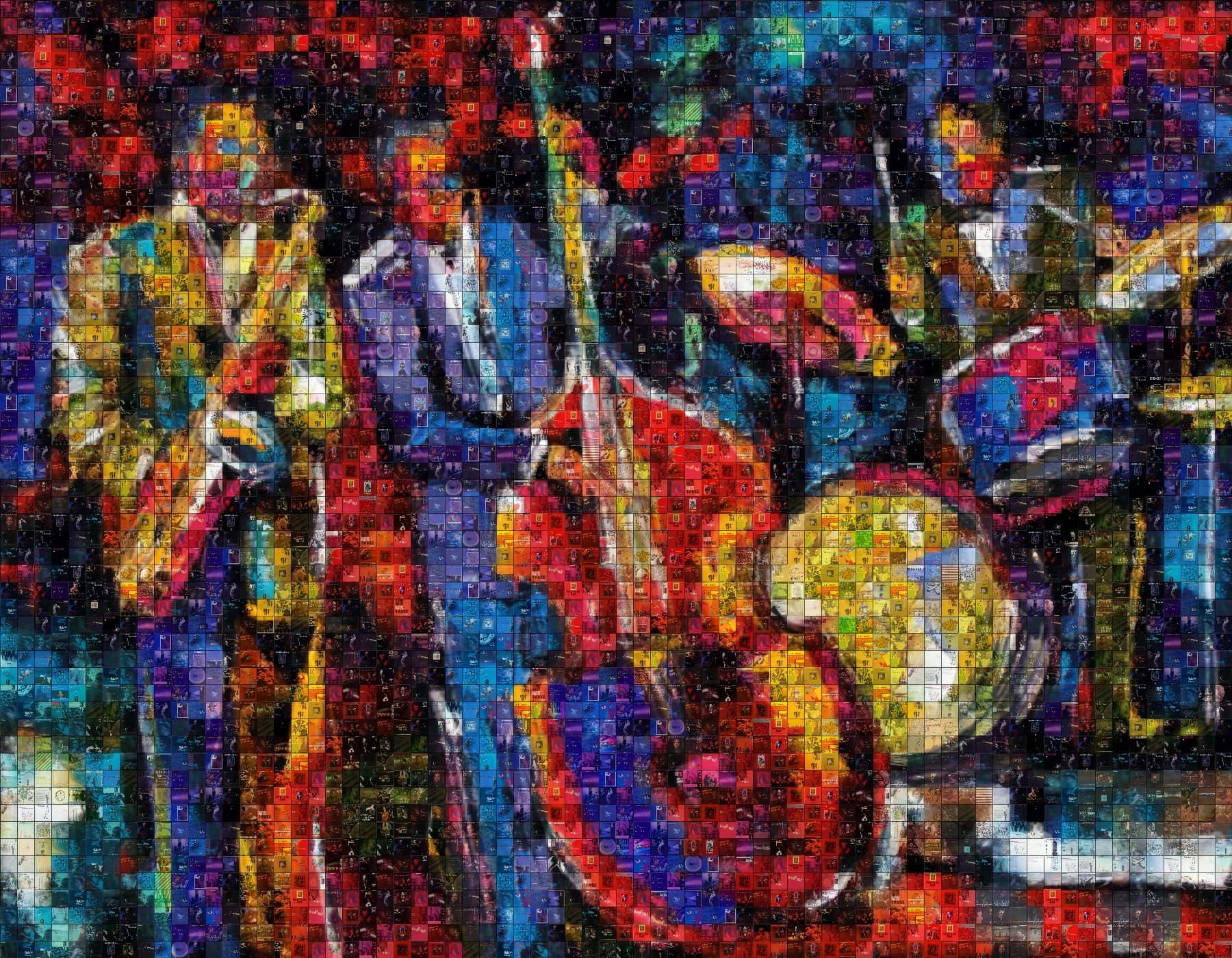 Jazz 桌布 壁紙 — 一幅充滿活力的馬賽克風格插圖，描繪了一個爵士樂隊演奏薩克斯風、低音吉他和鼓，採用大膽的紅色、藍色和黃色色調。