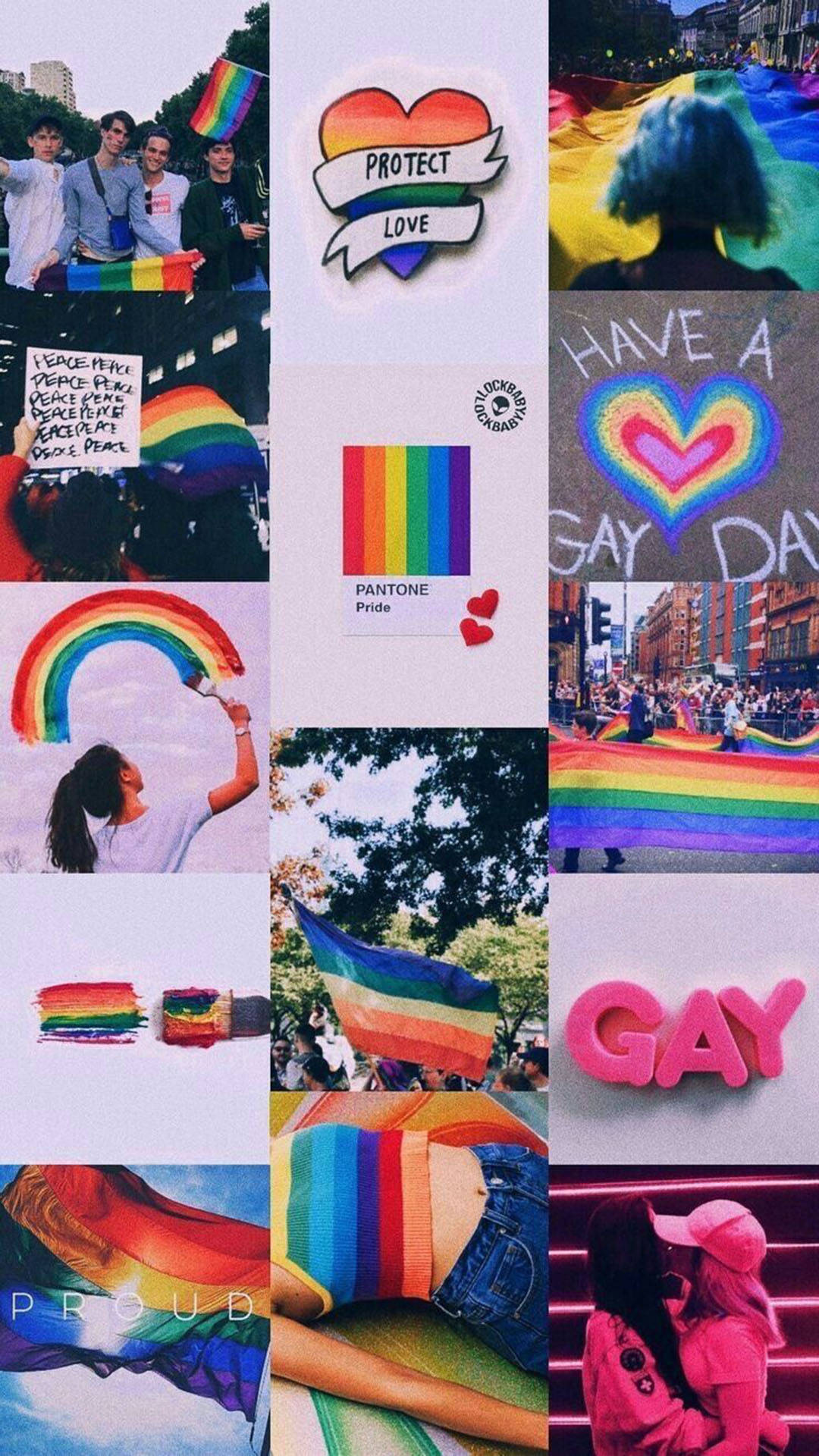 Pride Flag 桌布 壁紙 — 一幅充滿活力的驕傲圖像拼貼，包含彩虹旗、抗議活動、愛的信息以及對LGBTQ+驕傲的歡樂慶祝。