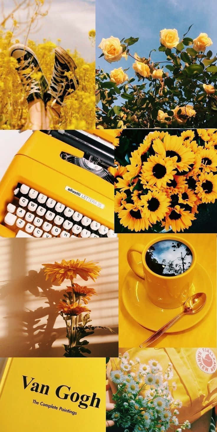 Retro Yellow 桌布 壁紙 — 一幅充滿活力的黃色主題拼貼畫，包含向日葵、打字機、咖啡和藝術書籍，在明亮的陽光下。