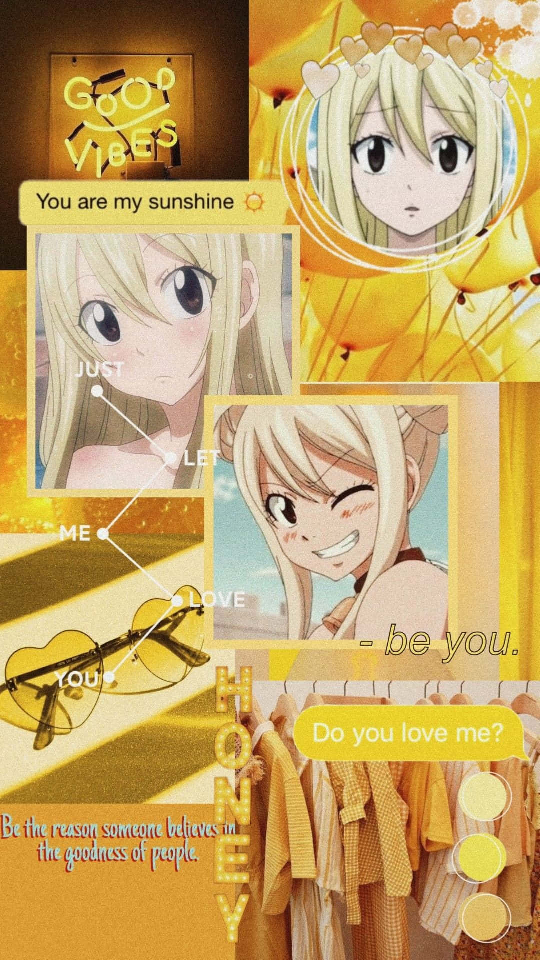 lucy heartfilia 桌布 壁紙 — 一幅充滿活力的黃色動漫拼貼畫，描繪一位金髮女孩多種表情姿勢，配以勵志語錄和心形主題裝飾。