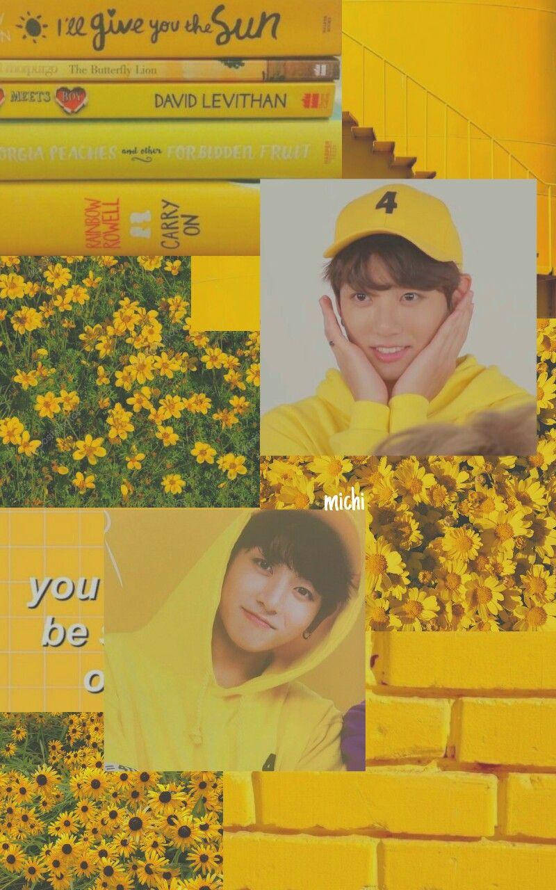 Jungkook Aesthetic 桌布 壁紙 — 一幅充滿活力的黃色拼貼畫， featuring 兩名身穿黃色服裝的年輕男子、向日葵、書籍和磚牆。