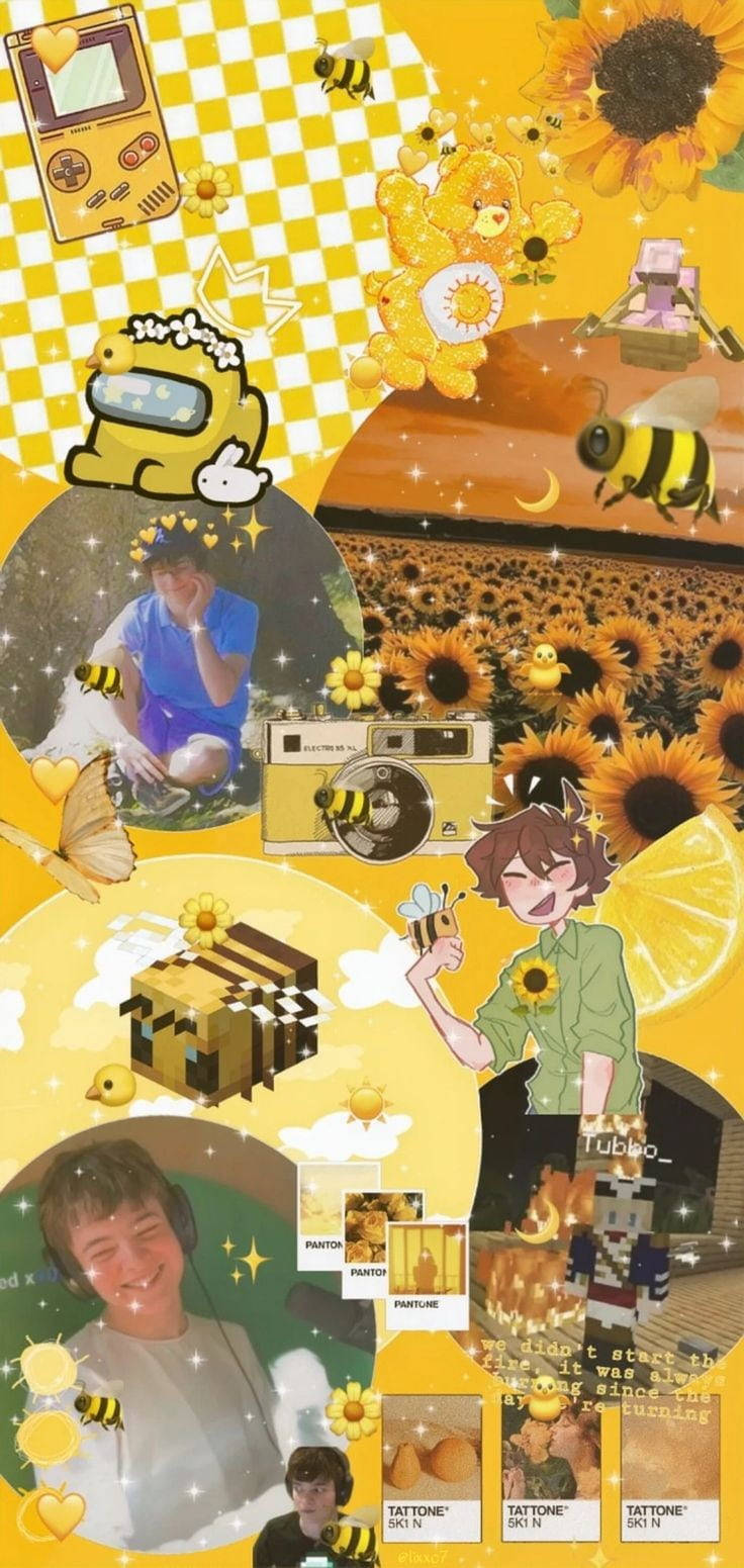 手機 桌布 壁紙 — 一幅充滿活力的黃色拼貼畫，包含向日葵、蜜蜂、遊戲機和動漫角色，風格歡快而奇思妙想。